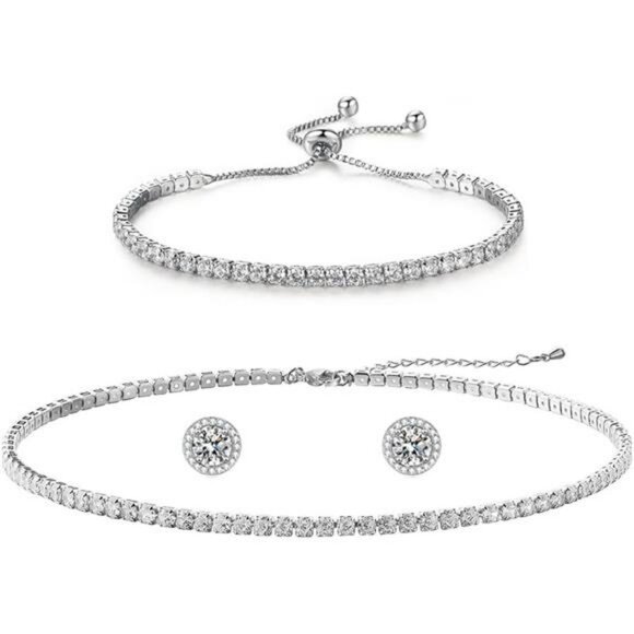 Silver Tennis Necklace Bracelet Earrings Set Wedding Jewelry Bridesmaid Prom Gif - Picture 7 of 7